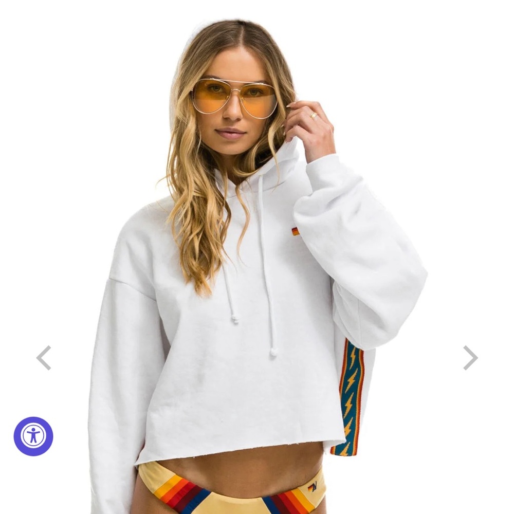 Aviator Nation Bolt Stripe Relaxed Cropped Pullover Hoodie - White - XS